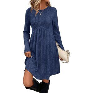 Ofeefan Women Dark Blue Crew Neck Long Sleeve Empire Waist Dress with Pockets